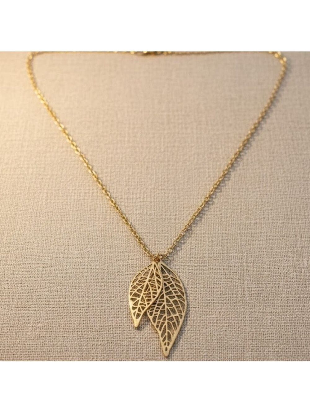 Delicate Gold Tone Double Filigree Leaf Pendant Necklace Long Chain